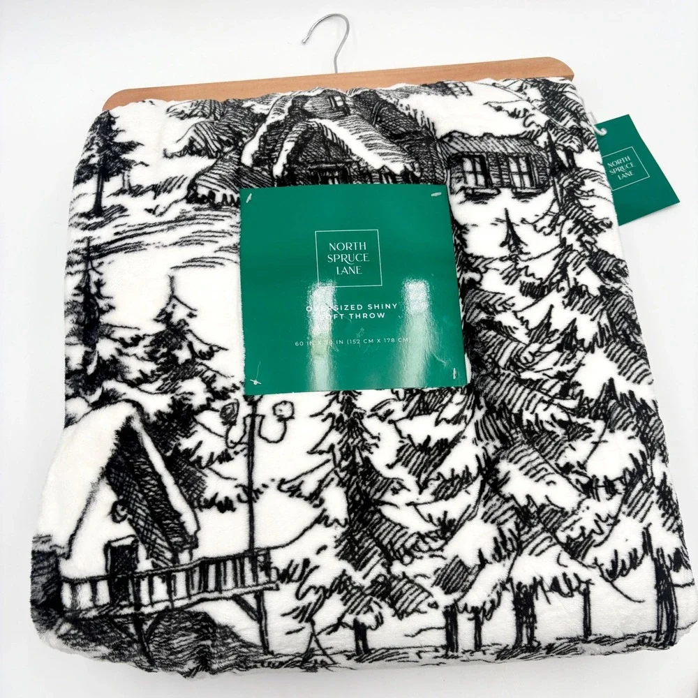 North Spruce Lane‎ Oversized Soft Throw Blanket Black White Cabin Tre